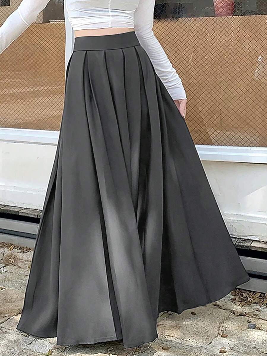 女士休闲褶皱 A 字形长裙 - 灰色 - 查看 1