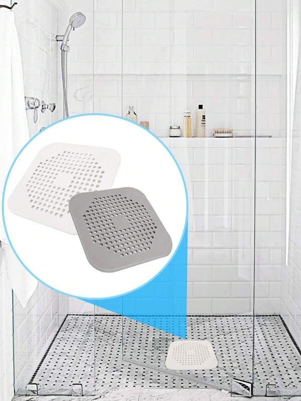 2 Pcs Square Shower Drain Cover, 5.7" TPR Hair Catcher, Bathroom Hair Clog Drain Protector, Shower Kitchen Sink Strainer Filter, Flat Silicone Stopper With Suction Cup