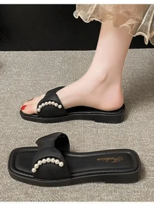 1 Pasang Sandal Wanita Model Flat Ujung Persegi dengan Hiasan Pita dan Mutiara, Serbaguna untuk Dipakai di Musim Semi/Panas, Cocok untuk Pantai, Resor, Pernikahan, dan Pesta - Hitam - View 5