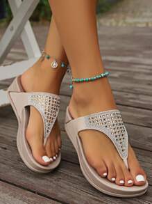 Nuevas sandalias con tiras de mujer decoradas con rhinestones, suelas gruesas antideslizantes para uso en exteriores y playa en verano - Beis - Ver 1