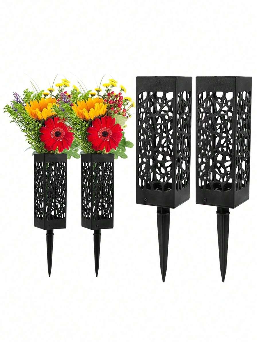 2pcs-Memorial Flower Stand Grave Vases For Cemetery With Stake,Courtyard Decoration Square Cemetery Flowerpot With Spike Ground Outdoor Plant Sign Decoration - Black - View 1