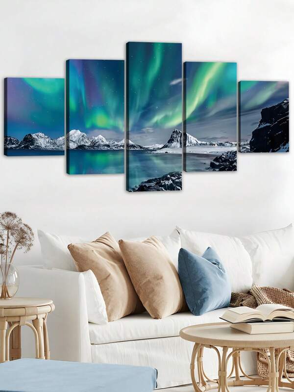 1/5pcs,Travel Posters,Blue Aurora Scenery Canvas Pictures Artwork Framed Canvas Wall Art,Wall Art With Frame,For Living Room Large Size Wall Decor, For Office Bedroom Wall Decorations Paintings Ready To Hang
