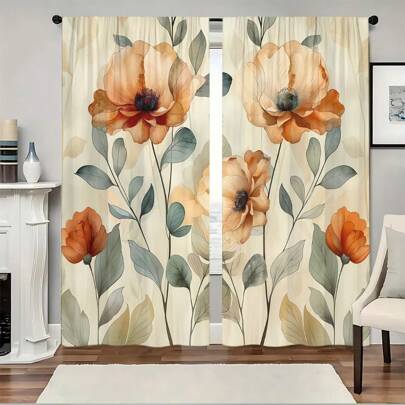 2 Pcs Of Retro Watercolor Poppy Curtains, 3D Digital Printing Sunshade Curtains, Warm Floral Watercolor Art Pattern Design Curtains, Pole Mouth Installation, Suitable For Living Room, Bedroom, Balcony, Kitchen, Shower Room Window Decoration, Pastoral Style Home Decoration, Elegant Orange And Green Color Matching To Create An Artistic Atmosphere Curtains, Home Privacy Curtains, Suitable For All Seasons