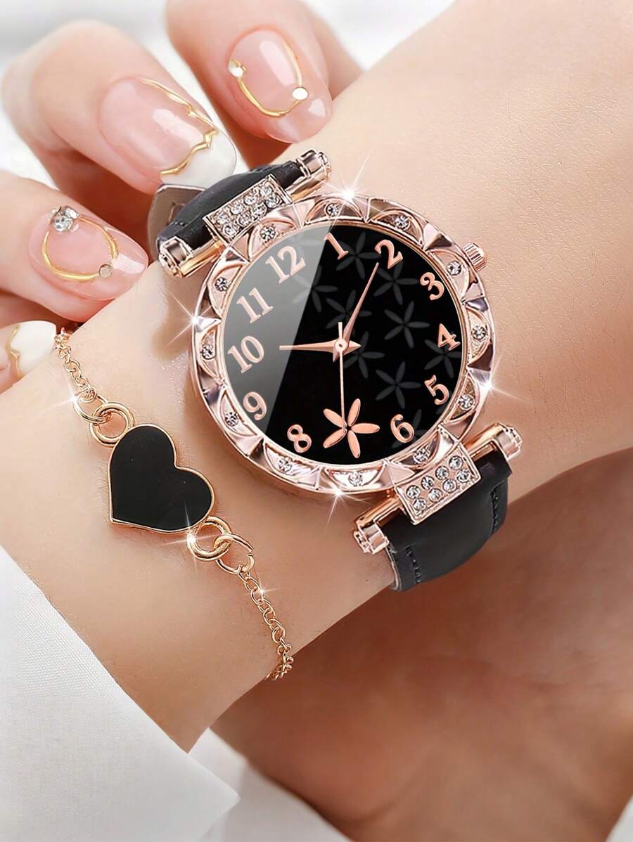 2 件/1 套时尚水钻数字刻度花朵丝网石英表盘手链不锈钢带心形手链套装适合日常佩戴周年纪念礼物、妈妈礼物、毕业礼物、生日礼物、女孩礼物