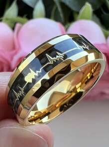 1 Pc Fashion 8mm Black Carbon Fiber Golden Heart Rate Line Men Rings Stainless Steel Rings For Men Jewelry Accessories Party Gift - Gold - View 1