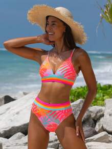 popvil Beach Vacation Tall Tri Leave Printed Back Tie Bikini Set - Multicolor - View 3