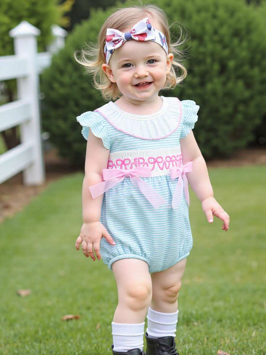 Baby Girl Easter Romper Ruffle Sleeveless Round Neck Stripes Print Bodysuit Newborn Outfit - Blue - View 1