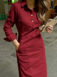 春秋新款时尚优雅翻领纽扣长袖女式阿拉伯连衣裙