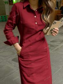 Spring And Autumn New Fashion Elegant Lapel Button Long Sleeve Women's Arabic Dress