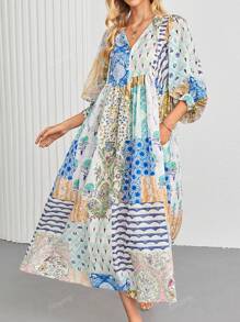 Vestido largo bohemio de mujer con mangas farol, cuello en V, corbata, bolsillos y estampado de retazos aleatorios