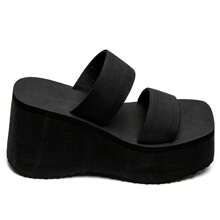Platform Wedge Sandals With Wide Double Straps - Black - View 3