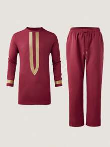 2pcs/Set Men's Burgundy Red Dashiki, Golden Embroidery, Long Sleeve, Round Neck, Elastic Waist Pants, African Clothing, Men's Casual Shirt & Pants 2 Pieces Set, New For All Season, Street Style, Parties, Dates, Weddings, Cultural Events, Traditional Ceremonies - Burgundy - View 2
