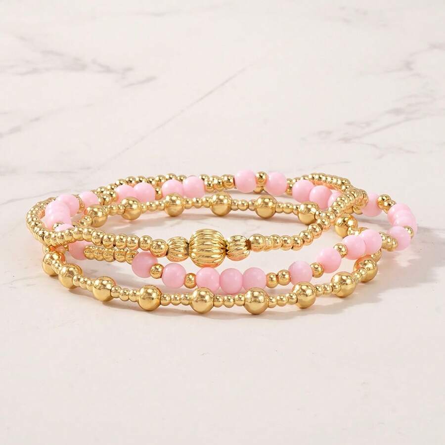 3件套时尚金粉多层串珠手链套装 - 女士时尚配饰 - 彩色 - 查看 1