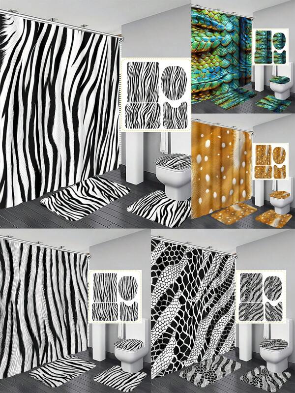 Luxury Animal Print Bathroom Set 4-Piece Waterproof Polyester Fiber Wildlife Shower Curtain With Non-Slip Rugs Toilet Lid Cover And U-Shaped Mat Zebra Stripes Tiger Fur Deer Spots Snake Skin Fish Scales Quick-Dry Machine Washable Home Bathroom Decor For Jungle Theme