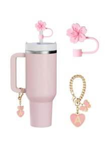 兼容 杯配件 1 件黑粉色吸管盖，用于杯吸管盖，1 件可爱心形字母和圆形字母饰物，适用于 30&40 盎司带手柄玻璃杯，字母饰物配件的长度为 3.94 英寸。个性化字母配件