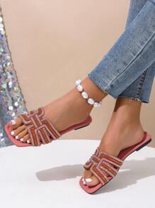 Sandales plates de luxe scintillantes à strass pour femmes, nouvelles sandales casual à bride en forme de tongs à talon plat confortable et bout rond, convient pour le printemps/été - Rouge - Voir 3