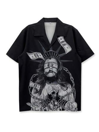 1pc Men's Street Style Hip Hop Shirt, Y2K Short Sleeve Button Down Shirt, Dark Element Beauty & Money Blindfold Print Design