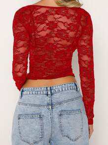 Women Floral Lace Tops Low Cut Sheer Long Sleeve Pullovers Fitted Crop Shirt With Bra Summer Streetwear Clubwear - 紅色 - 查看 4
