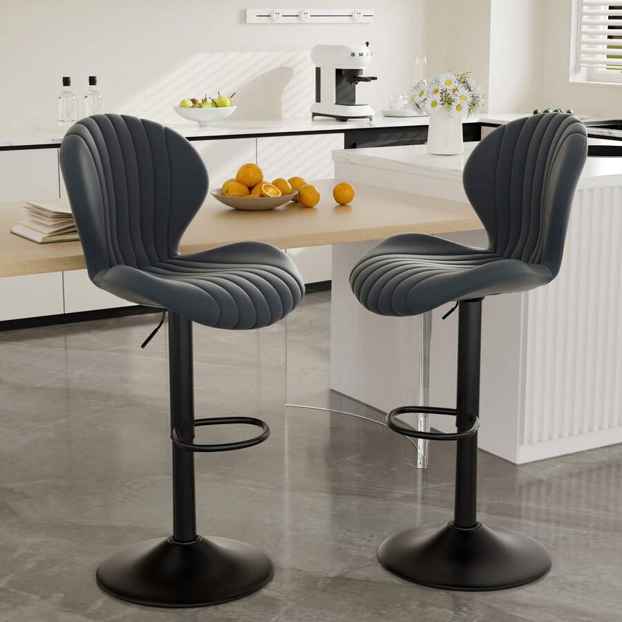 Nalupatio Bar Stools Set Of 2 ,Breakfast Bar Stools ,Backrest Kitchen Barstools ,Wooden Bar Chair Fabrics ,Modern Adjustable Swivel - 深灰色 - 查看 1