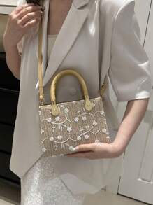 1pc Women's Solid Color Embossed Stitching Fashion Stone Texture Handbag, Shoulder & Crossbody Bag With Zipper Closure - Khaki - View 3