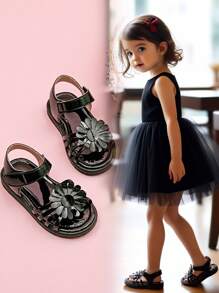 Girls' Rainbow Flower Decor Open Toe Sandals - Black - View 1