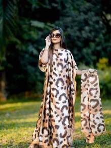 1 套女士新款仿丝条纹花卉印花海滩度假比基尼罩衫和头巾，非常适合旅行和日常使用 - 长袍、头巾