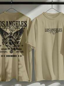 Basic 100% Cotton T-Shirt Los Angeles Angel Wings Print Fashion Streetwear New Release - Màu be - Xem 1