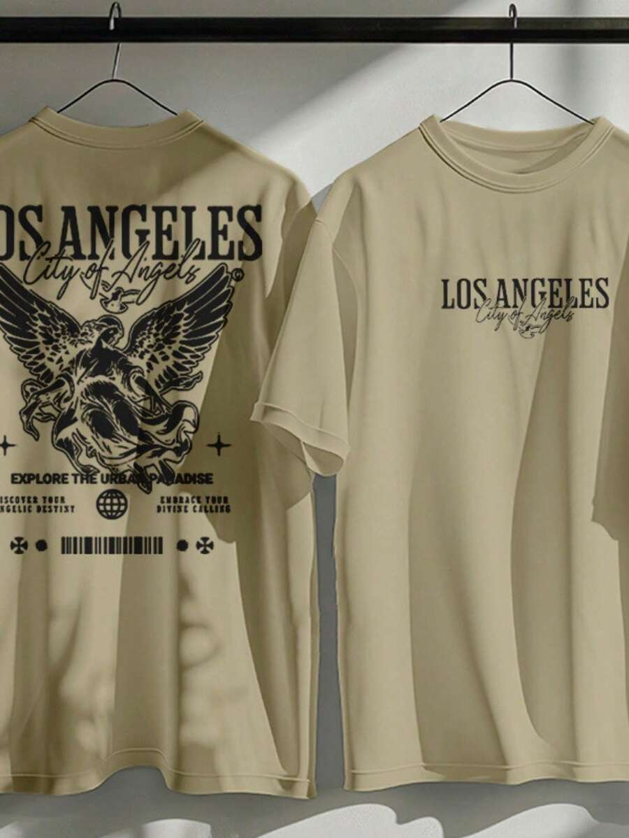 Basic 100% Cotton T-Shirt Los Angeles Angel Wings Print Fashion Streetwear New Release - Màu be - Xem 1