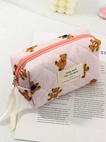 1 PC Pink Striped Bear Make Up Bag,Halloween,Trick Or Treat,Fashionable And Casual Large Capacity Portable Zipper Makeup Bags,Travel Storage Stationery Storage,Vacation Essentials Cosmetic Bags For Pouch Pads,Wired Earphones,Earpods,Headphones,Charger,Lipsticks,Cosmetics,Perfume,Skin Care And Beauty Products,Home Decor,For Mom,Women,Nurses,Students,School Girls,Keys,Holiday Gifts