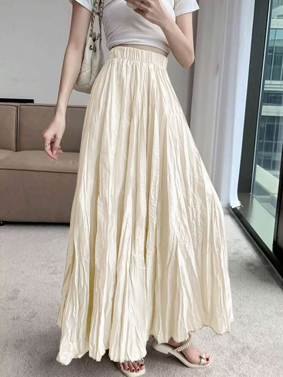 Women's Solid Color Asymmetrical Pleated Dropped Hem A-Line Maxi Skirt ...