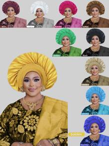 Elegant And Fashionable Auto Gele Headpiece, Nigerian Women's Traditional Wrapped Headwrap, Floral Print Fabric Handwoven Layered Fan Folding Hat, Suitable For Weddings, Parties And Other Special Occasions - A - View 2