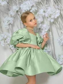 Young Girl Pearls Puff Sleeve Bowknot Mint Green Party Dress, Elegant Princess Dress Suitable For Girls Birthday Party, Christmas Party, Wedding, Flower Girl, Holiday Celebration - Mint Green - View 5