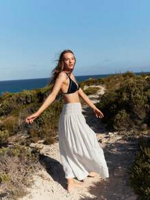 Falda de mujer con cintura fruncida, estilo resort de playa sólido