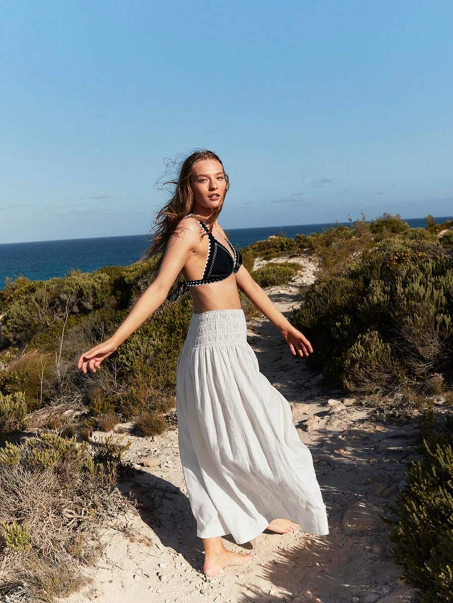 Falda de mujer con cintura fruncida, estilo resort de playa sólido