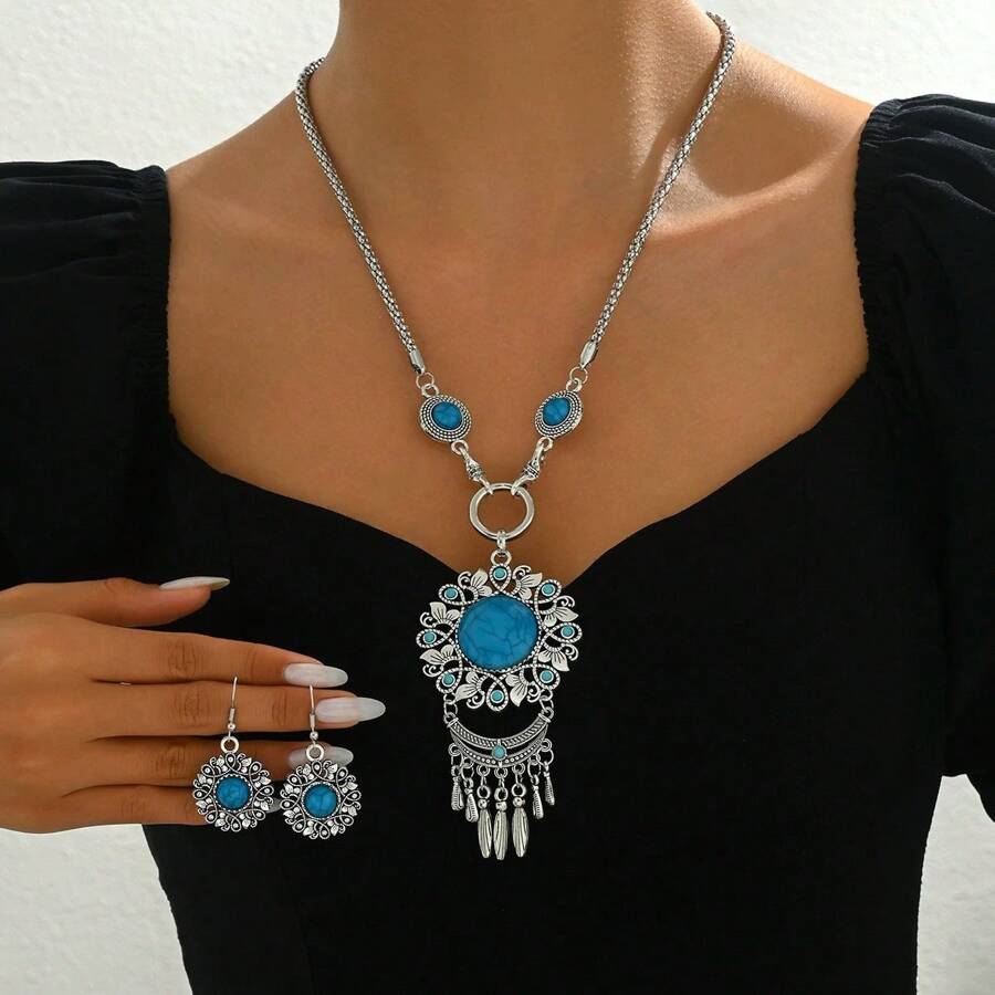 1 Set Boho Style Necklace & Earring, Tasseled Metal Inlaid Turquoise - Blue - View 1