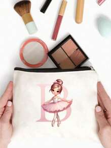 1 Stück niedlicher Ballett Mädchen 26 Buchstaben Initialen Muster Leinwand Kosmetiktasche Aufbewahrungstasche, Geschenk mit Ballett Mädchen Motiv für Mädchen, großvolumige leichte Reise-Kulturtasche - Muttertagsgeschenk, einzigartiger Aufbewahrungsbeutel, Kosmetiktasche, Urlaubsgeschenktasche