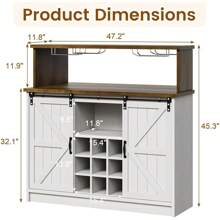 47"Farmhouse Wine Cabinet With 2 Glass Hooks And 9 Wine Racks, Coffee Bar Cabinet With Sliding Barn Door, Buffet Cabinet With LED Light, White/Wash Gray/Dark Oak