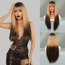 AKAKO 26 英寸女士长直假发，带刘海，渐变金色华丽蓬松假发，适合日常优雅百搭时尚配饰，适合女孩音乐节派对街头装、摄影使用 - 漸變金色 - 查看 9