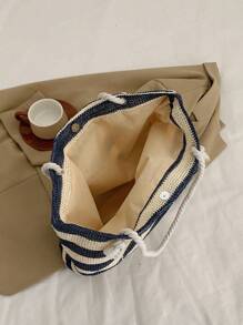 New Large Capacity Woven Stripe Straw Bag Beach Style Weaved Basket Tote For Women With Shoulder Strap Color Block Woven Straw Bag For Women, Large Capacity, Perfect For Vacation Beach & Daily Shopping, Vacation Essentials, Perfectly Matching With Beach Accessories Women - Blue - View 10