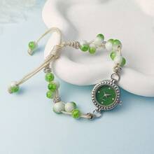 1pc Women's Niche Style Green Ceramic Bead Adjustable Band Quartz Wrist Watch, Unique Gift For Her