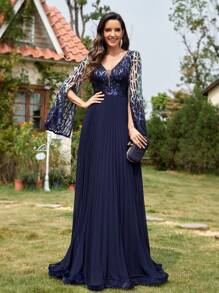 Elegant Beaded Sequin V-Neck Chiffon Long Evening Gown, High-End Formal Dress With High Slit Long Sleeve For Banquet, Wedding Party, Graduation, Bridesmaid, Mother Of The Bride, For Wedding Guest - 藏蓝色 - 查看 4