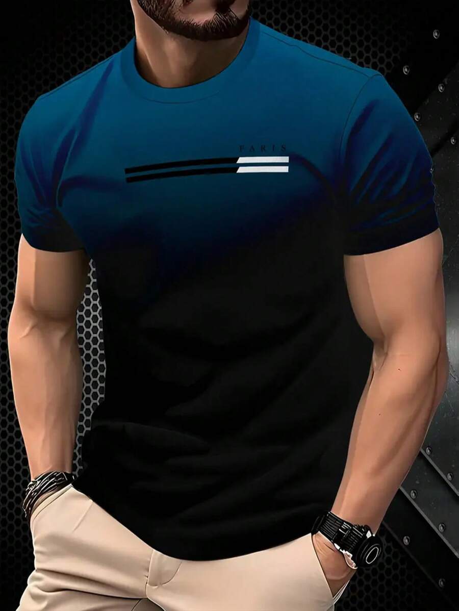 Men'S Casual Crew Neck T-Shirt With 3D Paris Letter Print, High-Definition Gradient, Summer Short Sleeve Top, Polyester 100% Slight Stretch, Regular Fit, Knit Fabric, 150gsm - Outdoor Apparel - Multicolor - View 1