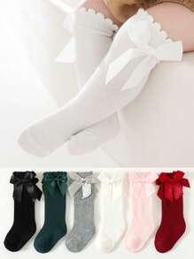 6 Pairs Baby Girl Over The Knee Socks, Long Leg Ribbed Stockings, Bowknot Accent, Solid Color, For Spring Autumn Wear, Ballet/Formal Dance - Multicolor - View 1