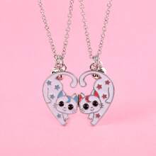2Pcs/Set Cute Heart-Shaped Stitching Cartoon Cat Best Friend Necklace BFF Friendship Jewelry Gifts For Girls - Blue and Red Cat Necklace - View 4