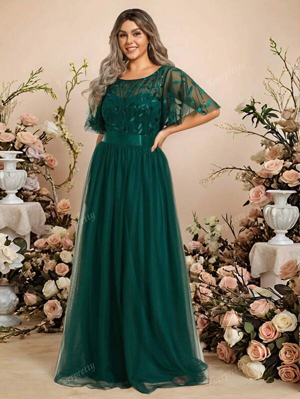 EVER-PRETTY Plus Leaf Sequin Bodice Mesh Prom Elegant Bridesmaid Dress