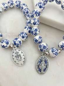 1 件圣母玛利亚字母十字架几何星心串珠吊坠手链，多色陶瓷天然石金属新中式优雅派对珠宝 - 彩色 - 查看 3