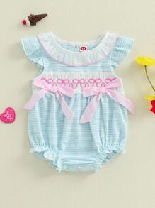 Baby Girl Easter Romper Ruffle Sleeveless Round Neck Stripes Print Bodysuit Newborn Outfit - Blue - View 6