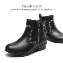 Girls Mid Calf Riding Combat Boots Zip Ankle Boots - Black - View 6