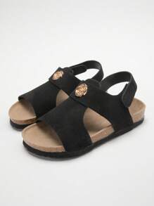 1 双女孩金色花卉徽章装饰仿麂皮鞋面，橡胶鞋底配软木中底，防滑减震露趾钩环带平底凉鞋，时尚休闲，适合日常和假日穿着 - 黑色 - 查看 2