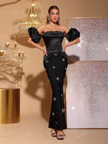Nuovo arrivo abito da donna nero con decorazioni in paillettes, sexy con spalle scoperte e schiena scoperta, maniche a lanterna, vestito fasciante. Adatto per matrimoni, feste e occasioni formali. Abito da festa, abito da ospite di matrimonio, abito da sera, vestito da cerimonia.